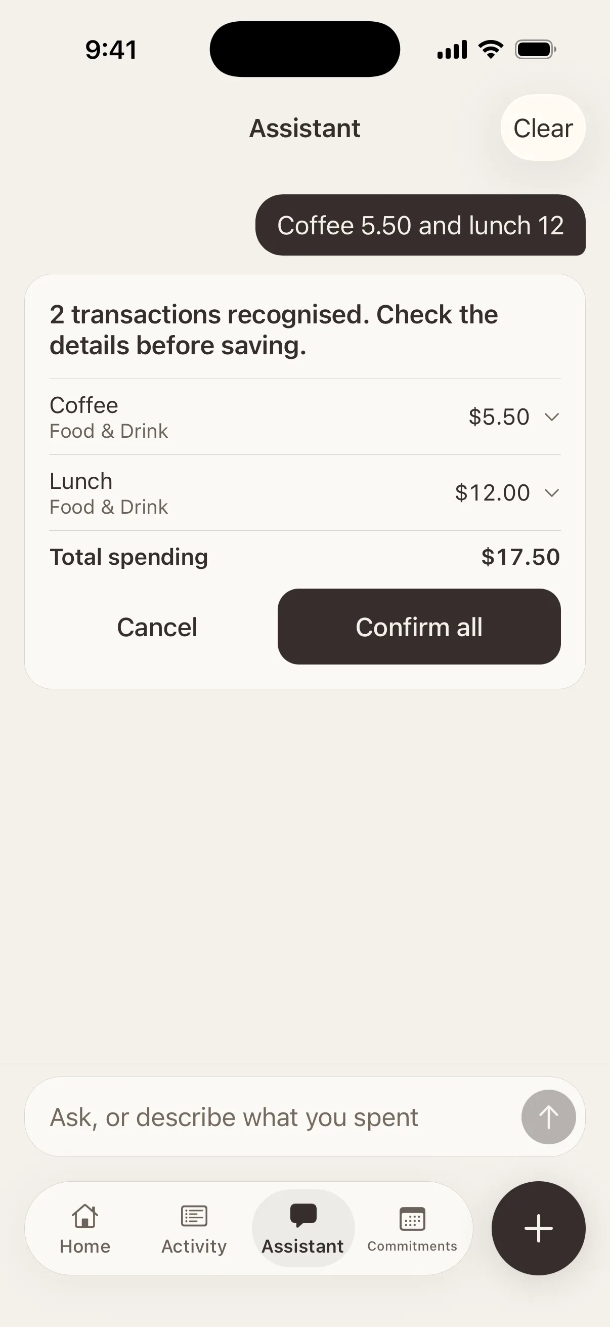 The Assistant has turned the message “Coffee 5.50 and lunch 12” into two entries, Coffee $5.50 and Lunch $12.00 under Food & Drink, with Cancel and Confirm all buttons.